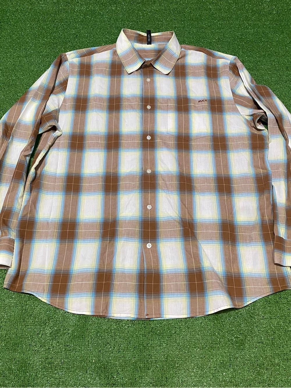 RVCA Men's XXL Plaid Button Down Shirt Brown Blue Yellow Long Sleeve Skater Surf